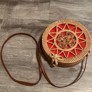 Handcrafted Woven Rattan Bag with Red Accent